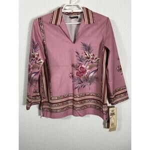 Vintage 70s Harlow Top Size M Pink Floral 3/4 Sleeve Polyester Hawaiian‎ Boho